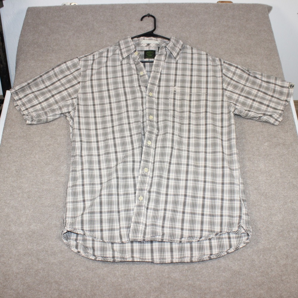 Timberland Mens Medium Short Sleeve Plaid Button Down Shirt Grey White Cotton
